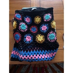 Pink Lily Crochet Flower Granny‎ Square Mini Skirt Black Multi Color Size L